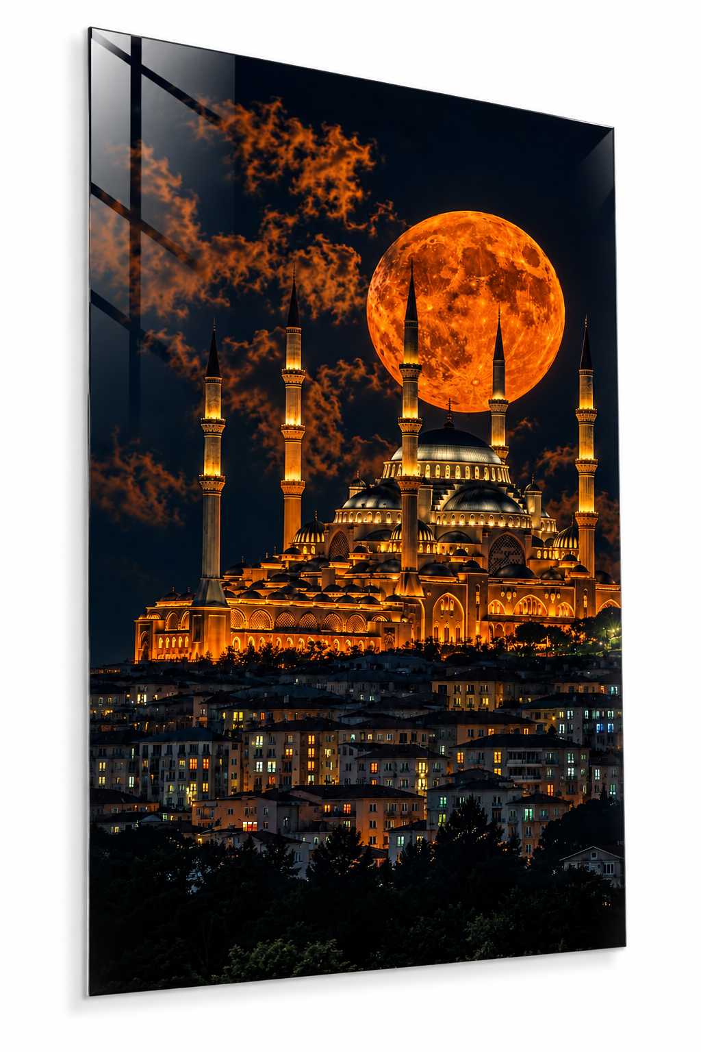 İstanbul Kızıl Ay Altında Görkemli Cami Cam Tablo