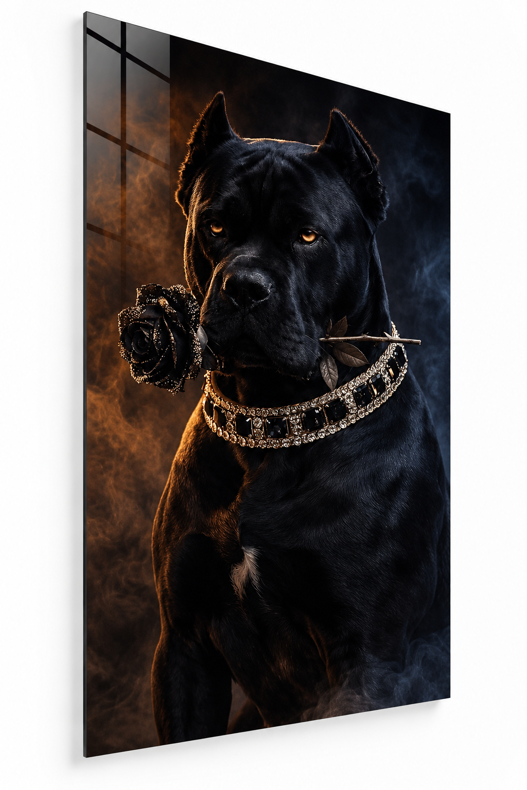 Gülü Ağzında Kara Pitbull Köpek Cam Tablo
